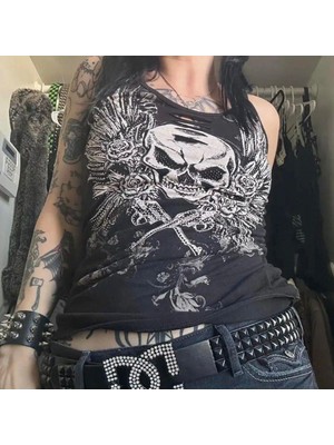 Balina Siyah Vintage Skull Wings Cyber Grunge Full Body Askılı Crop