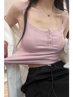 Balina Pudra Düğme Yakalı Dantel Detaylı Askılı Crop