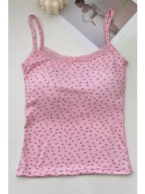 Balina Pembe Minik Fiyonk ve Çiçek Desenli Askılı Crop