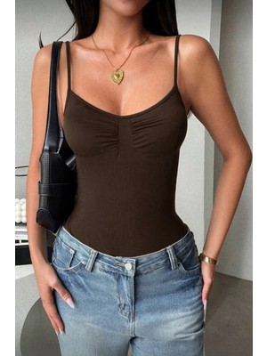 Balina Kahverengi Ruched Göğüs Detaylı Y2K Çıtçıtlı Body