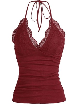 Balina Bordo Dantelli V Yaka Gothic Boyun Bağlamalı Full Body Crop