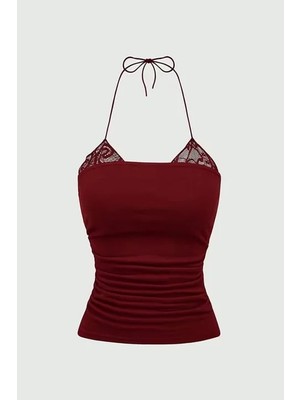 Balina Bordo Dantel Ekli Bağlamalı Y2K Askılı Crop
