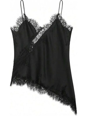 Balina Siyah Asimetrik Kesim Vintage Dantel Detaylı Y2K Askılı Crop