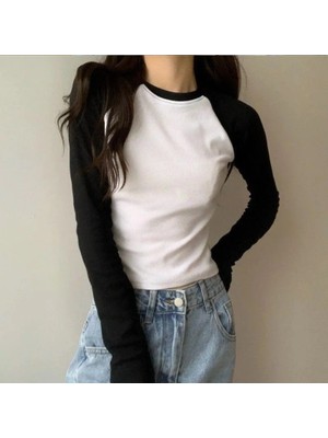 Balina Siyah Raglan Kollu Beyaz Basic Uzun Kollu Crop
