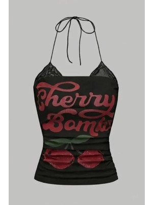 Balina Siyah Cherry Bomb Dantelli Ek Y2K Askılı Crop