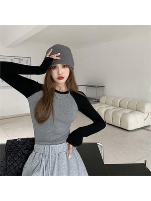 Balina Siyah Raglan Kollu Gri Melanj Basic Uzun Kollu Crop