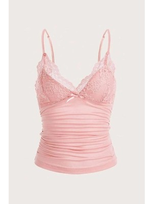 Balina Pembe Dantel Detaylı Fiyonklu Y2K Askılı Crop