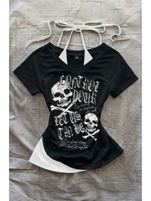 Balina Siyah Gotik Skulls Control Ek Askılı Y2K Kısa Kollu Crop