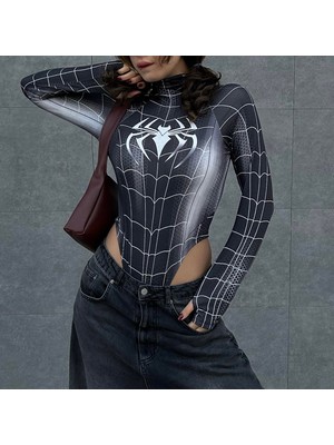 Balina Siyah Spider Çıtçıtlı Uzun Kollu Body