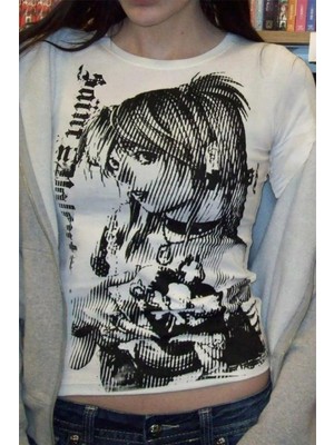 Balina Beyaz Vintage Anime Misa Amane Saint Gotik Y2K Uzun Kollu Crop