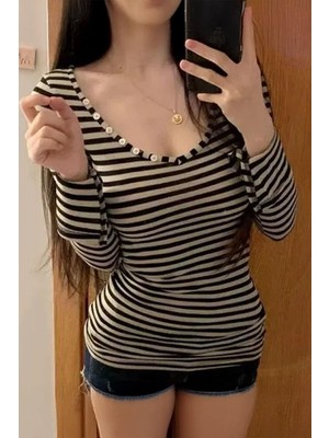 Balina Siyah Beyaz Çizgili Düğmeli 2k Uzun Kollu Crop