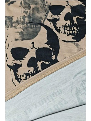 Balina Bej Gothic Skulls Askılı Uzun Kollu Crop