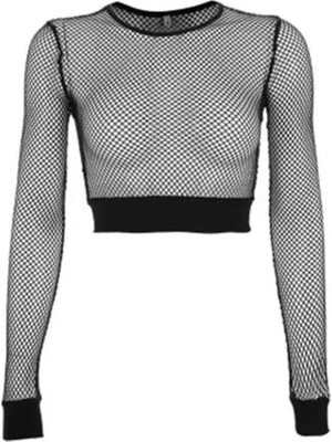 Balina Siyah Fileli Lastik Detaylı Crop Uzun Kollu