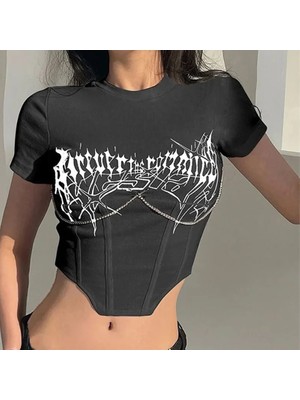 Balina Siyah Zincir Detaylı Üçgen Kesim Gothic Yarım T-Shirt