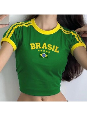Balina Yeşil Vintage Sarı Şeritli Brasil Kısa Kollu Crop