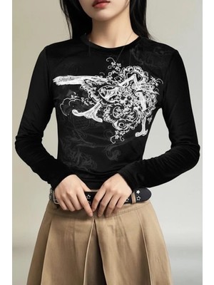 Balina Siyah Vintage Punk Patterned Y2K Uzun Kollu Crop