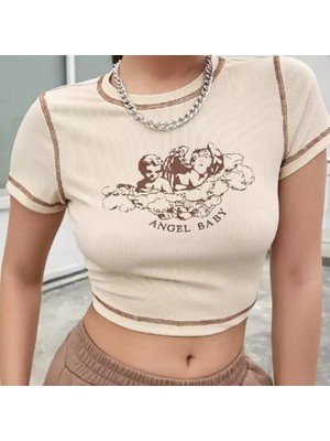 Balina Bej Harajuku Fashion Angel Baby Y2K Kısa Kollu Crop