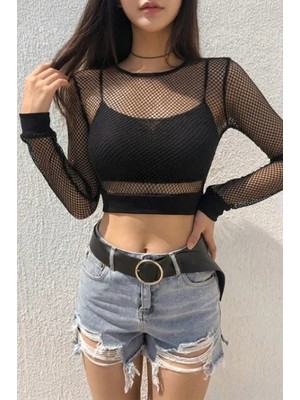 Balina Siyah Fileli Lastik Detaylı Y2K Uzun Kollu Crop