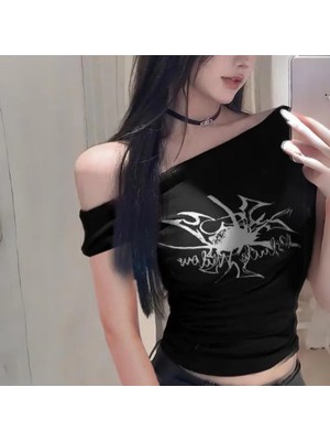 Balina Siyah Black Widow Omuzu Açık Spider Kısa Kollu Crop