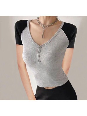 Balina Siyah Raglan Düğmeli Gri Melanj Y2K Kısa Kollu Crop
