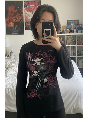 Balina Siyah Gothic Skulls Full Body Y2K Uzun Kollu Crop