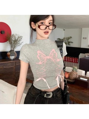 Balina Gri Melanj Fiyonklu Pembe Butterfly Kısa Kollu Crop