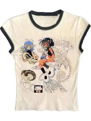 Balina Krem Anime Girls Skull Kısa Kollu Crop