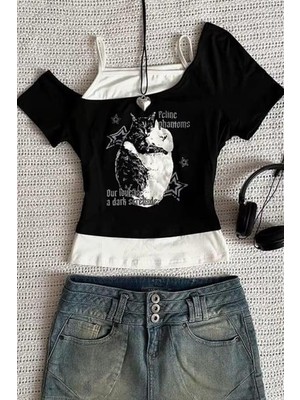 Balina Siyah Balance Cat Our Love Is Ek Askılı Kısa Kollu Full Body Crop