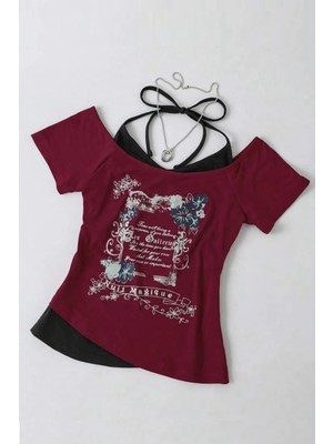 Balina Bordo Nuit Magique Madonna Yaka Ek Askılı Kısa Kollu Full Body Crop