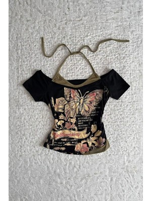 Balina Siyah Butterfly Madonna Yaka Ek Askılı Kısa Kollu Full Body Crop