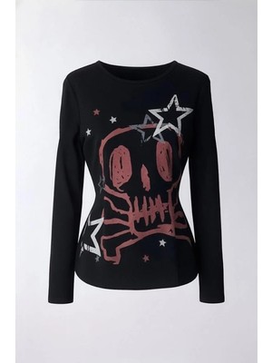 Balina Siyah Skull Stars 2k Uzun Kollu Crop