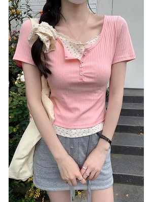 Balina Pembe Düğmeli Ek Parçalı Kısa Kollu Crop