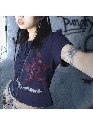 Balina Red Harajuku Star Punch Lacivert Y2K Kısa Kollu Crop