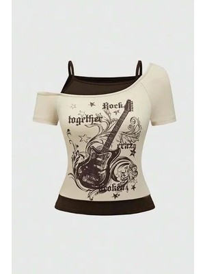 Balina Bej Rock Together Brown Guitar Ek Askılı Kısa Kollu Full Body Crop