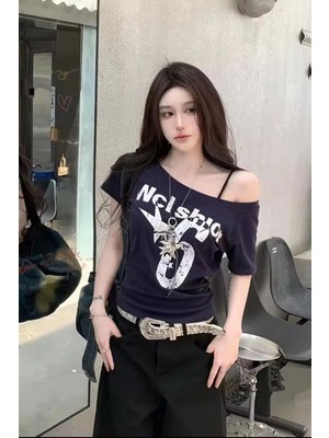 Balina Lacivert Nclshior 6 Y2K Kısa Kollu Crop