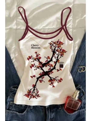 Balina Beyaz Cherry Blossom Kırmızı Şerit Yaka Y2K Kısa Kollu Crop