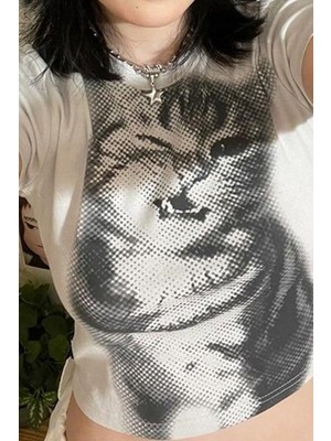 Balina Beyaz Baby Cat Gotik Y2K Kısa Kollu Crop