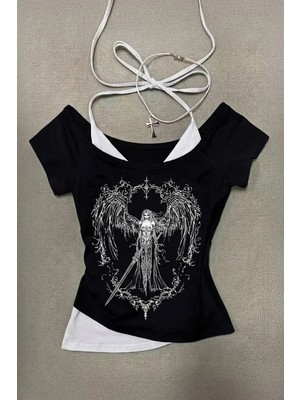 Balina Siyah Sword Warriror Angel Madonna Yaka Ek Askılı Full Body Y2K Kısa Kollu Crop
