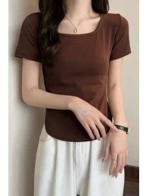 Balina Kahverengi Basic Kısa Kollu Crop