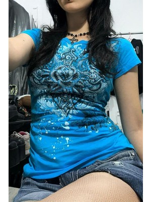 Balina Mavi Gotik Rose Harajuku Y2K Kısa Kollu Crop