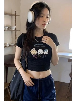 Balina Siyah Chiikawa ''you Should Be Happy'' Y2K Kısa Kollu Crop