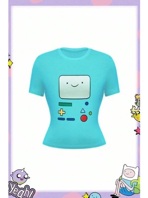 Balina Mavi Adventure Time Bmo Face Y2K Kısa Kollu Crop