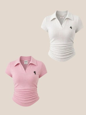 Balina Pembe ve Beyaz  Polo Yaka Fitilli Premium Bluz