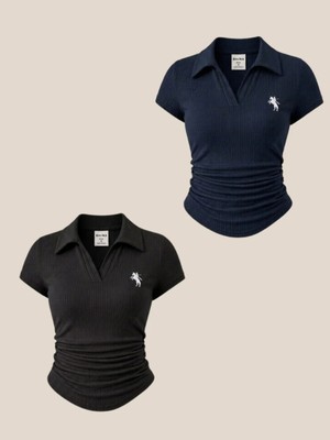 Balina Siyah ve Lacivert  Polo Yaka Fitilli Premium Bluz