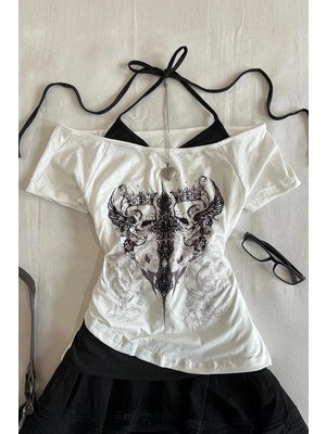 Balina Beyaz Gotik Aesthetic Skulls Cross Ekli Bağlamalı Y2K Kısa Kollu Crop