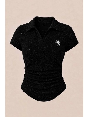 Balina Simli Siyah Polo Yaka Fitilli Premium Bluz