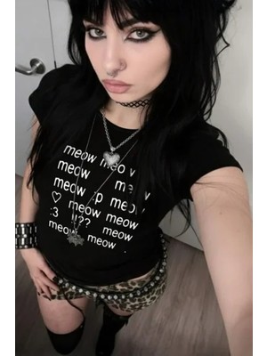 Balina Siyah Meow Meow Meow :3 Y2K Kısa Kolu Crop