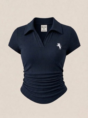 Balina Lacivert  Polo Yaka Fitilli Premium Bluz
