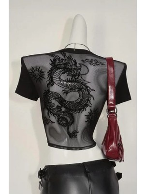 Balina Siyah Transparan Dragon Y2K Kısa Kollu Crop
