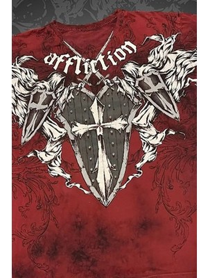 Balina Kırmızı Yıkamalı Affliction Shield Sword Gotik Y2K Unisex T-Shirt